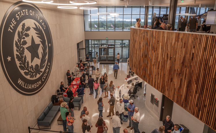 The main entrance area of the Williamson County Administration Building is pictured during the Grand Opening Celebration of the new facility on Tuesday, July 14, 2026.  A County Showcase was held in addition to a ribbon cutting ceremony in the County Commissioners Courtroom.   Photo by Andy Sharp