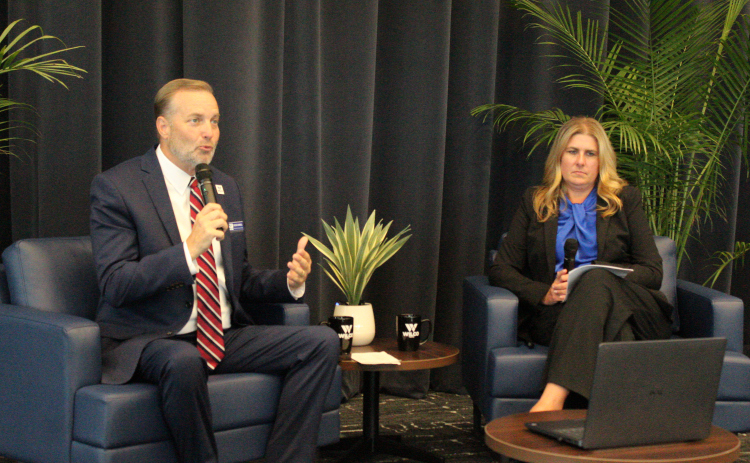 Williamson County Judge Steve Snell, left, and County Manager Rebecca Clemons present the State of the County at the new County Administration Building, 1878 Texas Trail in Georgetown, on July 14. Photo by Nalani Nuylan.