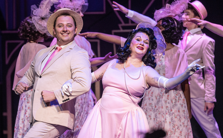 Dana McLaughlin, left, playing Billy Lawlor,  and Lorri Boyd, as Dorothy Brock, are shown in a photo from the dress rehearsal of the Georgetown Palace production of “42nd Street”  on Thursday, July 23, 2026. The show runs through August 30 on the Springer Stage.   Photo by Andy Sharp