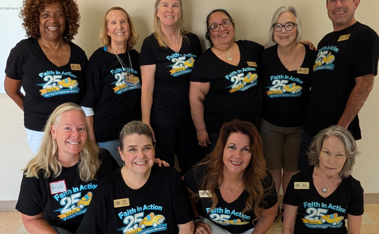Faith and Action Staff poses at their appreciation lunch on July 20. Back row, from left, are Robin Stewart (Finance Administrative Assistant), Donna Hoffmann (Pathways Driver), Tracy Barber (Program Director), Sharon Boyd (Program Coordinator), Becky Lanclos (Assistant Program Director) and Trevor Hoyle (Fleet Manager). Front Row, from left, are Kristy Hoyle (Board Member), Marcie Merritt (Partnerships & Events Coordinator), Lisa Hoy (Executive Director) and Janna Elliott (Director of Business Operations)
