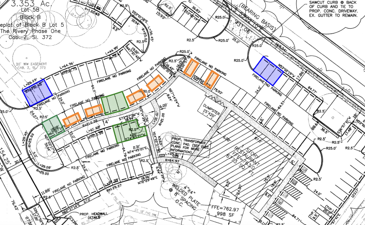 This map of the property shows the portable restrooms in blue, the food trucks in orange and the seating areas in green. (Courtesy City of Georgetown)