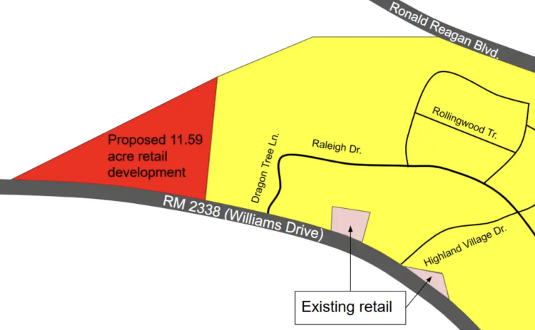 About 11.5 acres (red) could be annexed into the city and switched to C3 commercial zoning along Williams Drive. Highland Village (yellow) is residential single-family zoning, although a small area next Dragon Tree Lane could see commercial uses in the future because of the subdivision’s Planned Unit Development plan. Two existing C3 retail properties are also on the north side of Williams.