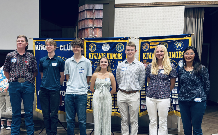 Seven of the 10 students that received Kiwanis Club scholarships, from left, are Brody Vaughan, Tristan Olsson, Harrison Hallock, Maria Habingeither, Maddox Azuma-Hall, Mikenna Geiger, and Kiabeth De Paz.