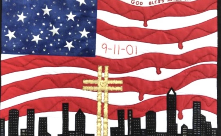 A 9/11 themed quilt was hand-made by Susan Hoppenworth