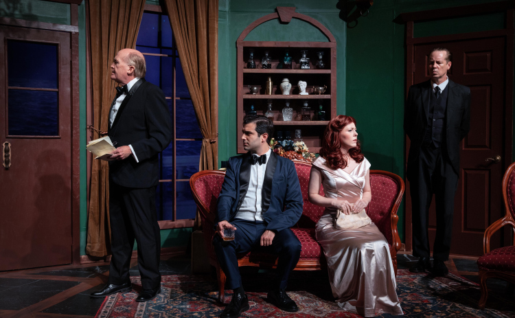 From left, Jeffrey Bush as Justice Wargrave, Gerry Stamatelatos as Phillip Lombard, Carrie Cardillo as Vera Claythorne, and Erik Powers as Rogers in “And Then There Were None.” Photos by Lindsey Brisbine/The Palace Theatre
