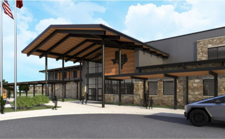 A rendering of Jarrell ISD’s next campus, Atlas Ranch Elementary School, expected to open in 2028. The school is designed by the Huckabee architectural firm.