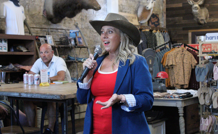 Catherine Totty kicks off her campaign to be Williamson County’s tax assessor-collector at Mesquite Creek Outfitters on August 19. Photo by Nalani Nuylan.