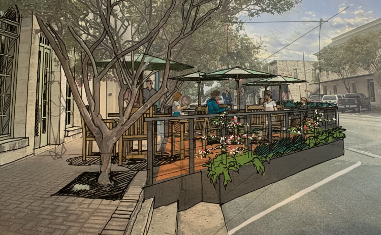 This rendering shows what a street patio could look like for a restaurant. All of the materials would have to be movable. (Rendering courtesy City of Georgetown)