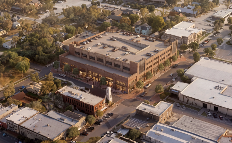 A rendering shows the city’s planned second downtown parking garage, built as a partnership between the Texas Municipal League and Georgetown, which will replace the Red Poppy Lot at Ninth and Main Streets.