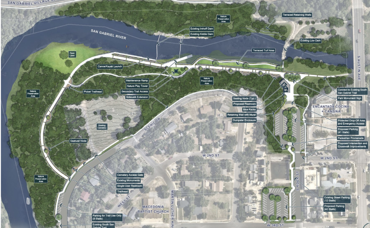 The 30% Blue Hole Park design update from city staff shows changes from the master plan design in the parking lot and the green spaces near the river. (Map courtesy City of Georgetown)