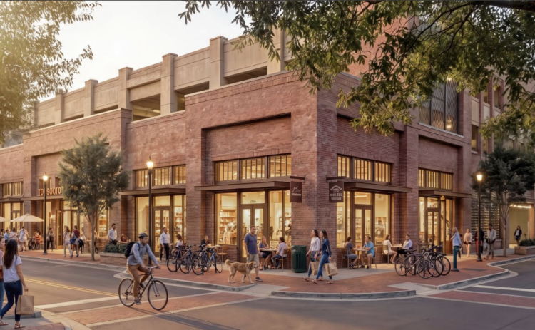 The retail shops attached to the City of Georgetown’s second parking garage, being built in a partnership with the Texas Municipal League, will be located on Ninth and Main Streets. (Rendering courtesy City of Georgetown)