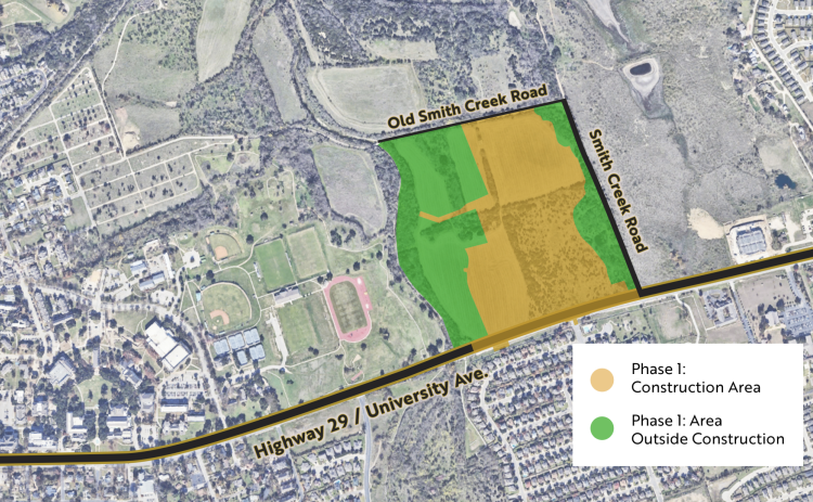 A map shows the scope of the first phase of work in Southwestern’s 560 mixed-use plan, which will be built southwest of the Old Smith Creek Road and Smith Creek Road intersection and along University Avenue. (Courtesy Southwestern University)