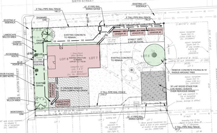 A site plan for an incoming outdoor food vendor location being developed at 601 South Austin Avenue. Georgetown City Council approved a special use permit for the project during a November 22 council meeting.
